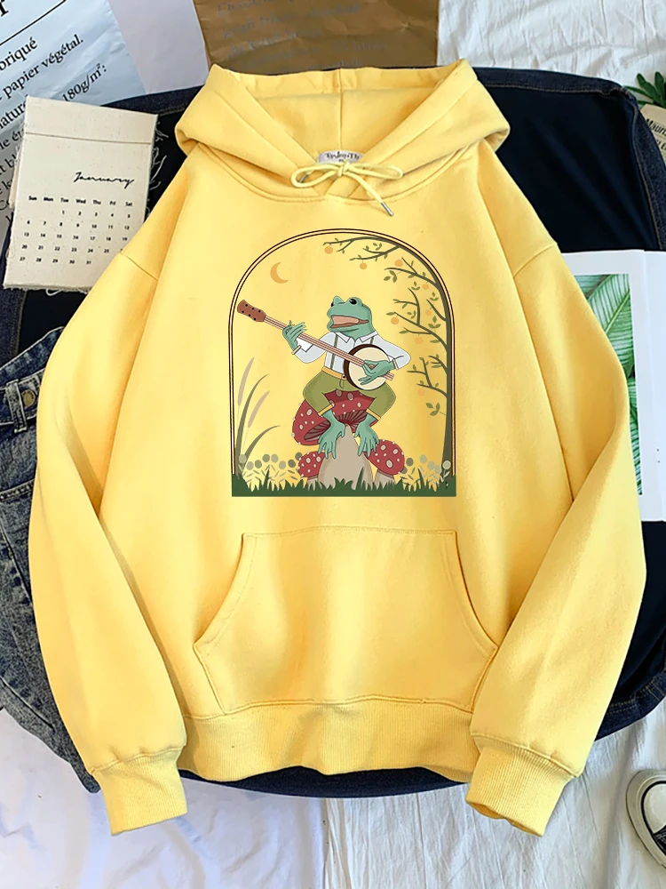 

Cottagecore Aesthetic Frog Playing Banjo On Mushroom Cute Vintage Female Hoodie Warm Tracksuit Vintage Sweatshirt Warm Women Top