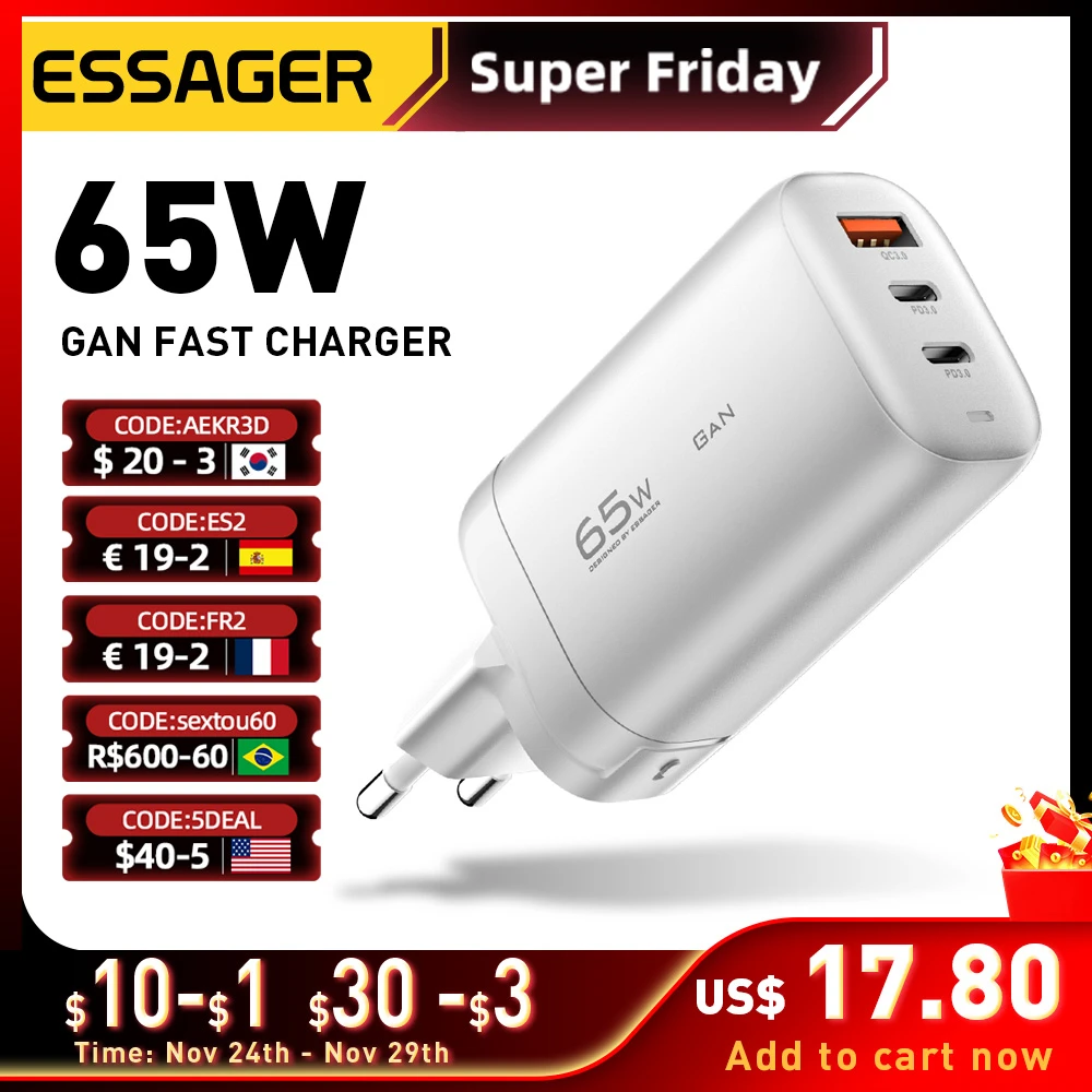 Essager 65w Gan Usb Type C Charger Qc4.0 Pd3.0 Fast Charger For Xiaomi ...
