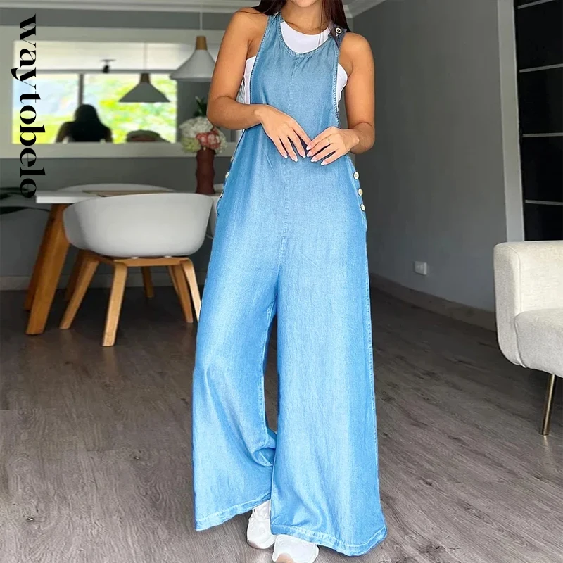 

Waytobele Women jumpsuit Two Piece Set Summer Fashion Solid Round Neck Sleeveless Top Button Pants Romper High Streetwear