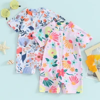 Toddler Girls Rash Guard Swimsuit Rompers Zipper Short Sleeve Floral Print Kids Bathing Suit Baby Swimwear 1