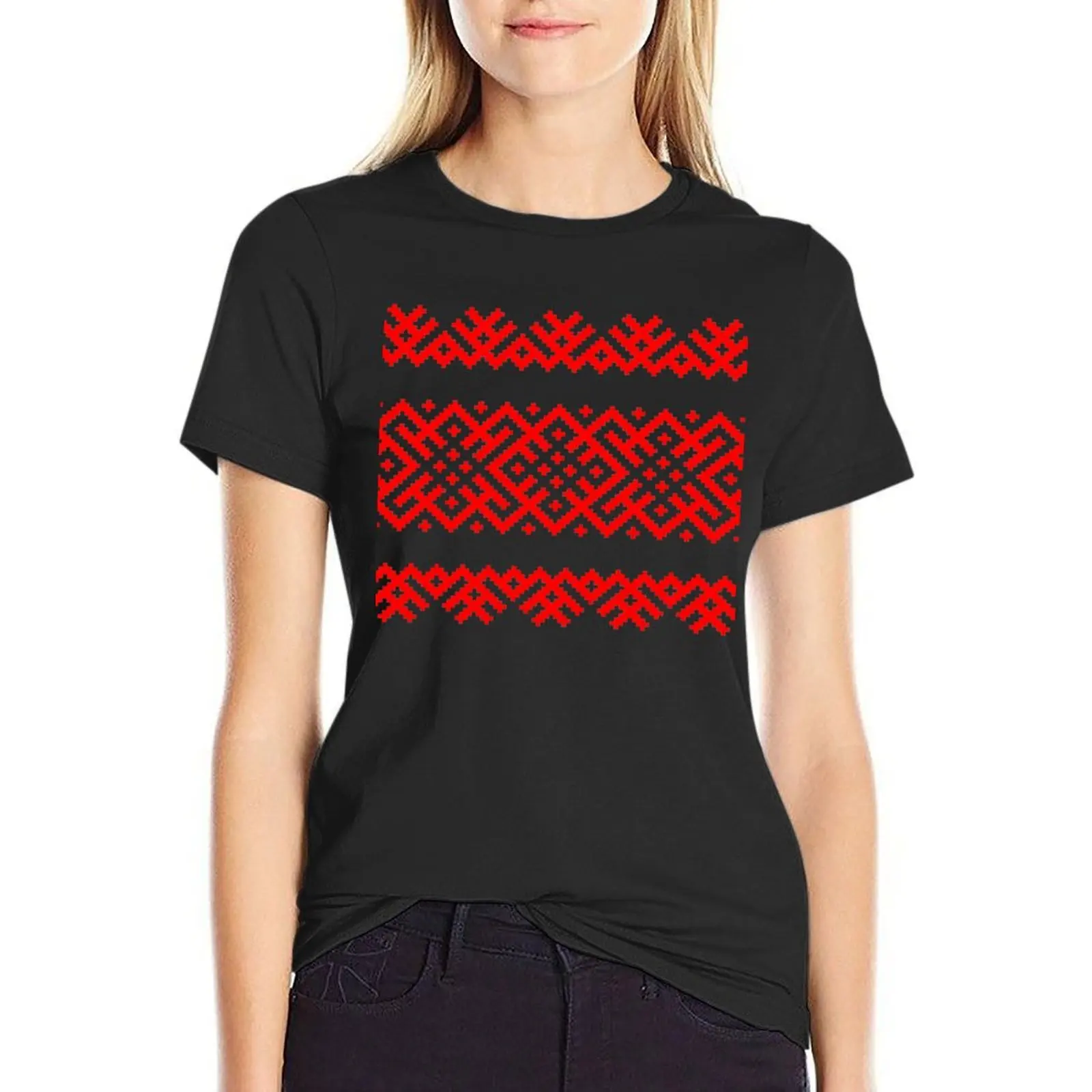 Ethno Slavic Pattern - Bogoroditsa - Symbol Horizontal - Large Scale Red Ornament T-Shirt hippie clothes cotton t shirts Women