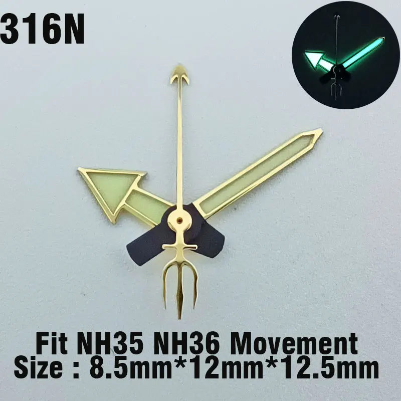8.5mm*12mm*12.5mm Watch Hands C3 Green Luminous Trident Shaped Pointer Watch Accessories Suitable For NH34 NH35 NH36 Movements