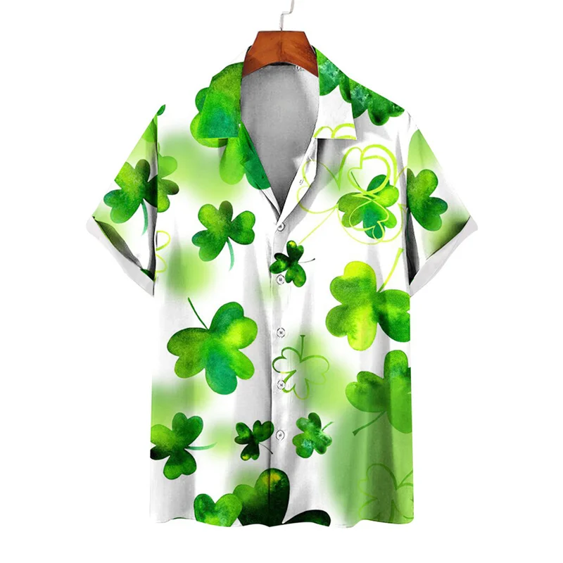 thumbnail image 1 of Camisas de verano con estampado de trébol de cuatro hojas para hombre y mujer, camisas casuales de manga corta con solapa, estilo hawaiano, para playa, estilo urbano, 1 of 5