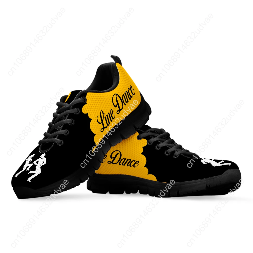Yellow And Black Color Contrast Design Line Dance Sneakers Comfortable Breathable Shoes Knitted Shoes Zapatos Planos