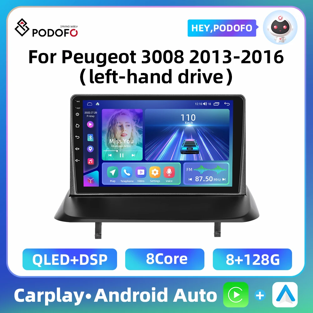Podofo Android 9 ''Autoradio Per Peugeot 3008 2013-2016 2Din Multimedia Player Carplay Android Auto Ai Voice 8Core Autoradio