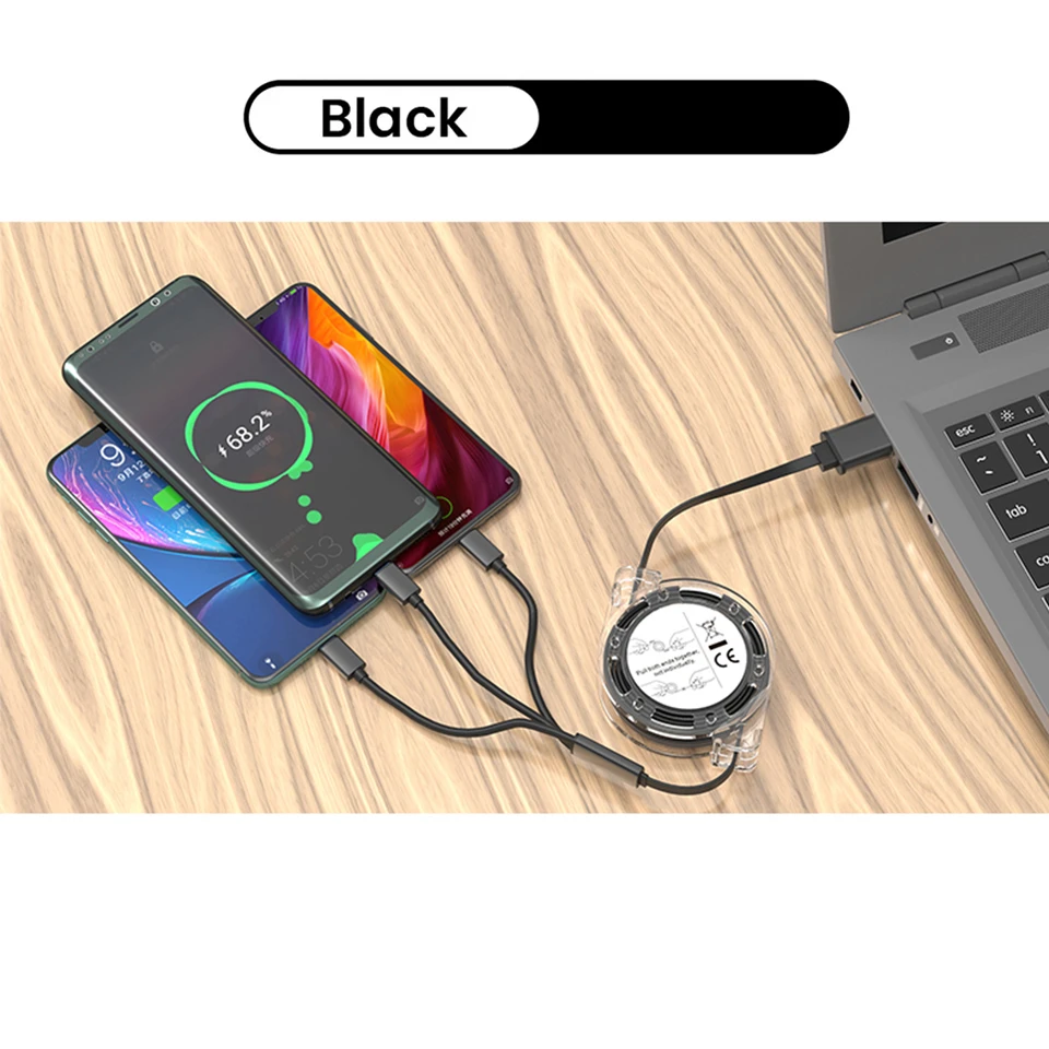 3 in 1 retractable Usb Cable For iphone cable 14 13 12 11 pro max X SE