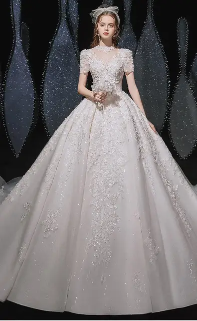 فستان زفاف بسيط مع تطريز دانتيل وخرز ، بأكمام قصيرة 2023 ، جديد