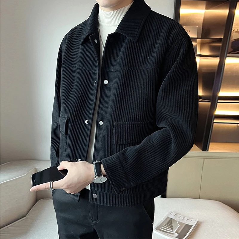 

2023 Spring Autumn Men's New Corduroy Long Sleeve Coats Male Fashion Short Casual Jackets Men Solid Color Loose Overcoats P565