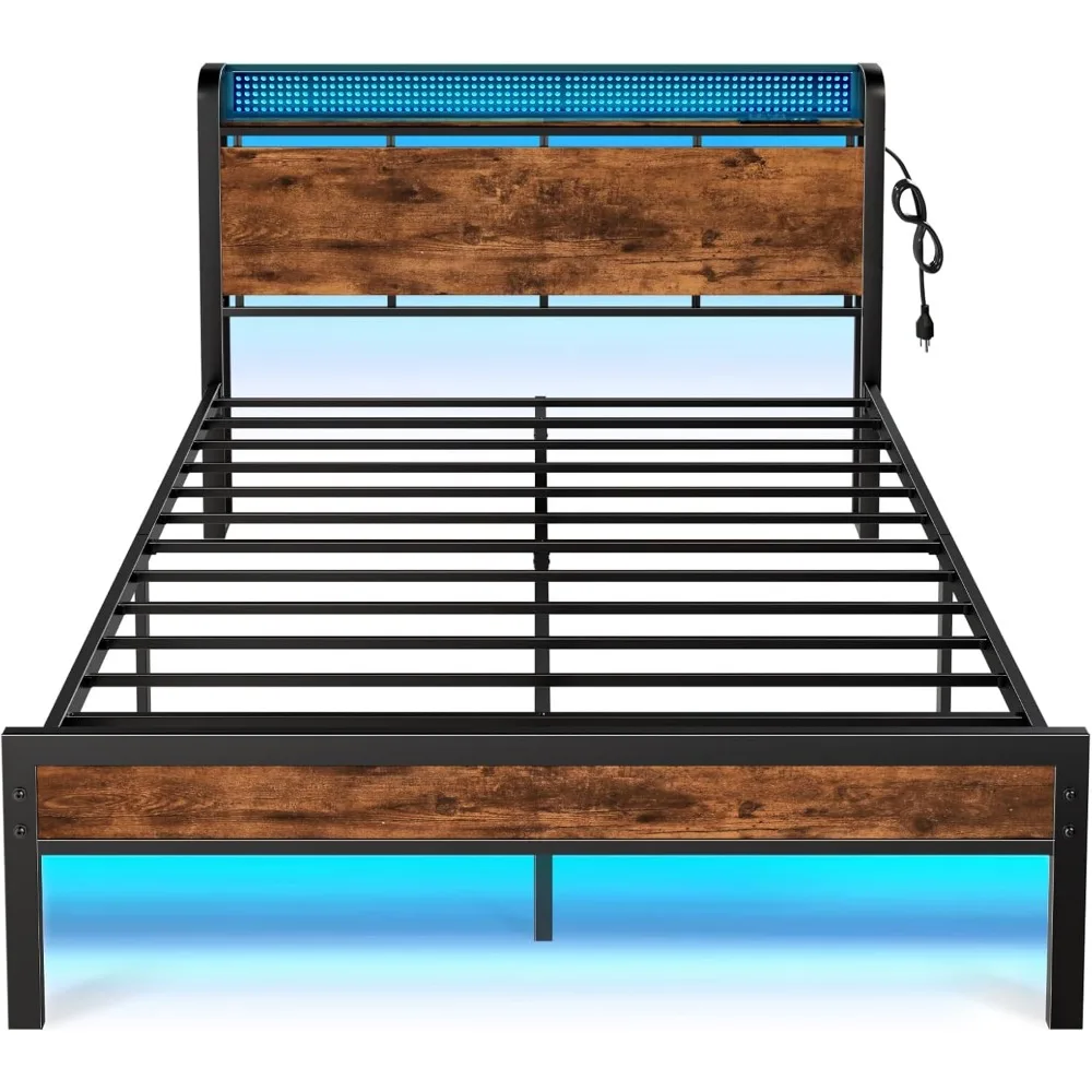 Bed Frame with Charging Station and LED Lights,Industrial Platform Beds Queen Size with Storage Headboard, Bed Frames 6