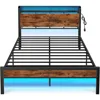 Bed Frame with Charging Station and LED Lights,Industrial Platform Beds Queen Size with Storage Headboard, Bed Frames 6