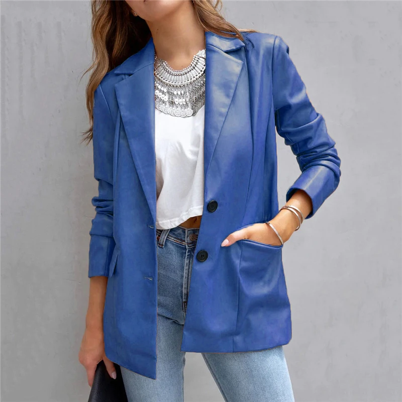 2023 Autumn Women Vintage PU Leather Long Sleeve Elegant Fashion Blazers Female Korean Casual Streetwear Solid Tunic Suit Coats
