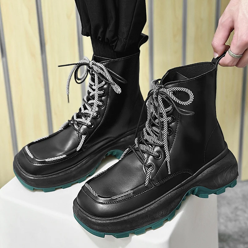 Fashion Lace-up Mens Platform Boots Casual High top Ankle Boots Men Chunky Boots Streetwear Hip Hop Black Motorcycle Shoes Men