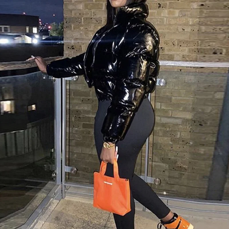 Black Puffer Jackets Winter Fashion Casual Cropped Parka Coat Winter Women PU Leather Jacket Women Puffer Cotton Coats Parkas