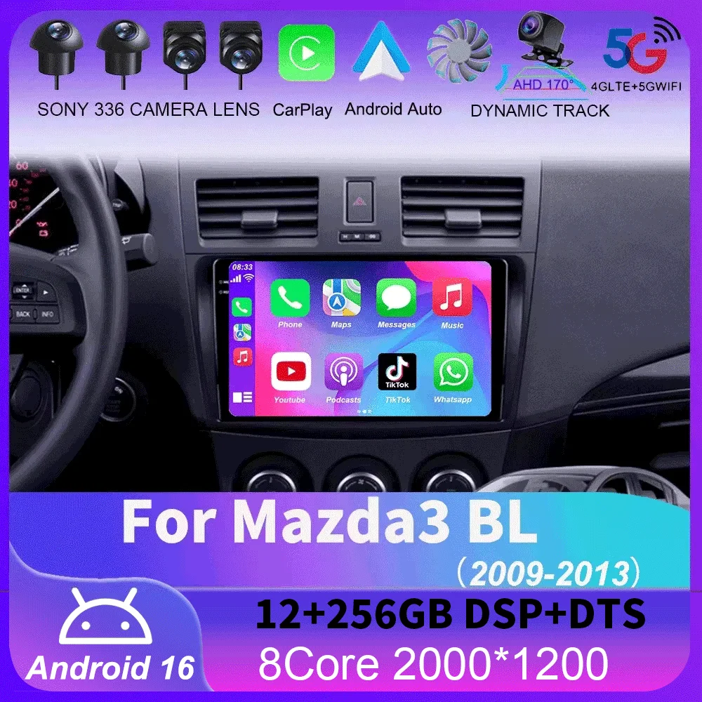 Car Radio Navigation Multimedia Video Player Stereo Android16 Carplay Auto 4G+WIFI for Mazda 3 II Mazda3 BL 2009-2013