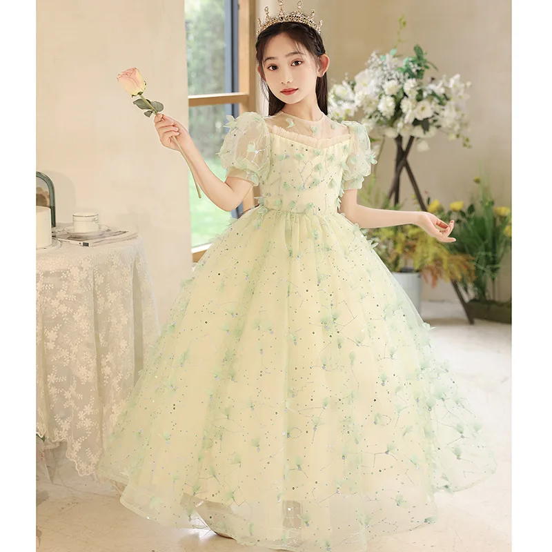 New Elegant Girl's Evening Dress for Birthday Party with Sequin and Fluffy Ballet Performance Girl's Princess Dress