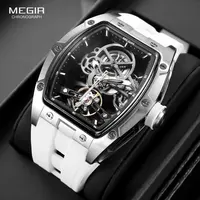 MEGIR Men's Automatic Mechanical Watch with Stainless Steel Case Silicone Band Skeleton Dial Waterproof Sport Wristwatch