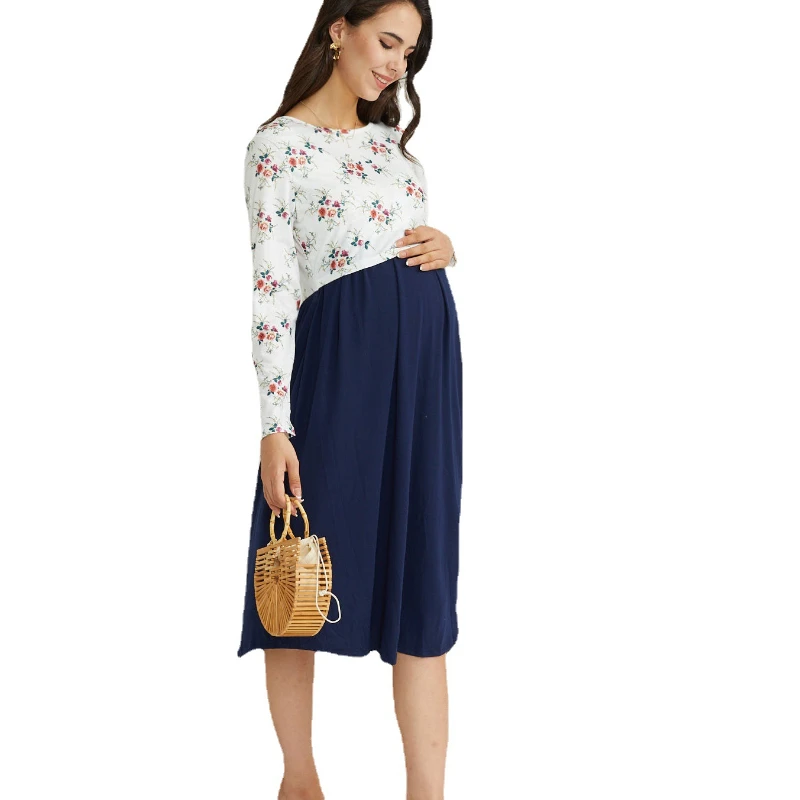 

Women's Floral Long Sleeve Loose Maternity Dresses Pregnancy Clothes Spring Casual Soft Waist Pleated Print Knee Length Dress