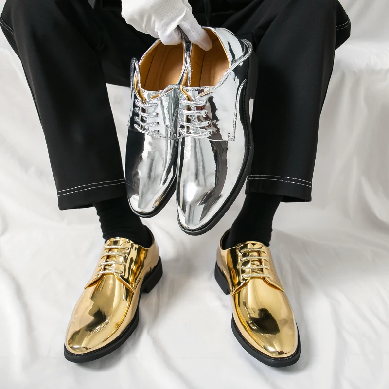 Classic Men Formal Shoes Gold Silver Lace Up Business Office