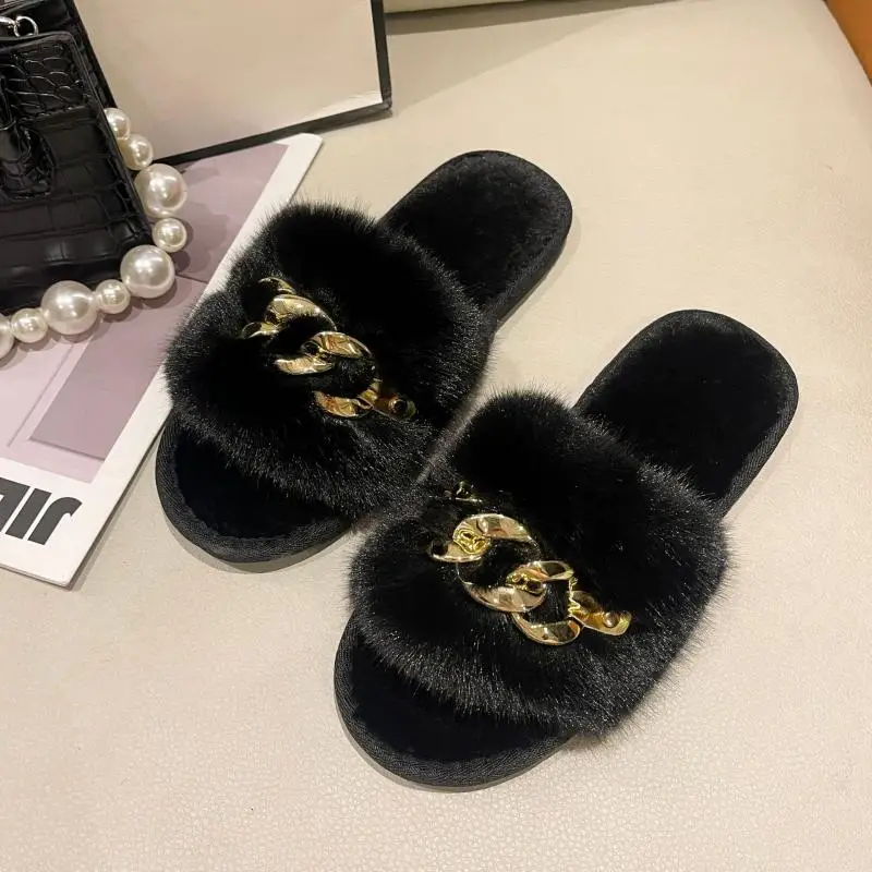 Fluffy Slippers Home Women Casual Chain Designer Shoes Ladies Autumn Winter Indoor Plush Slides Girls Fashion Elegant Footwear 5