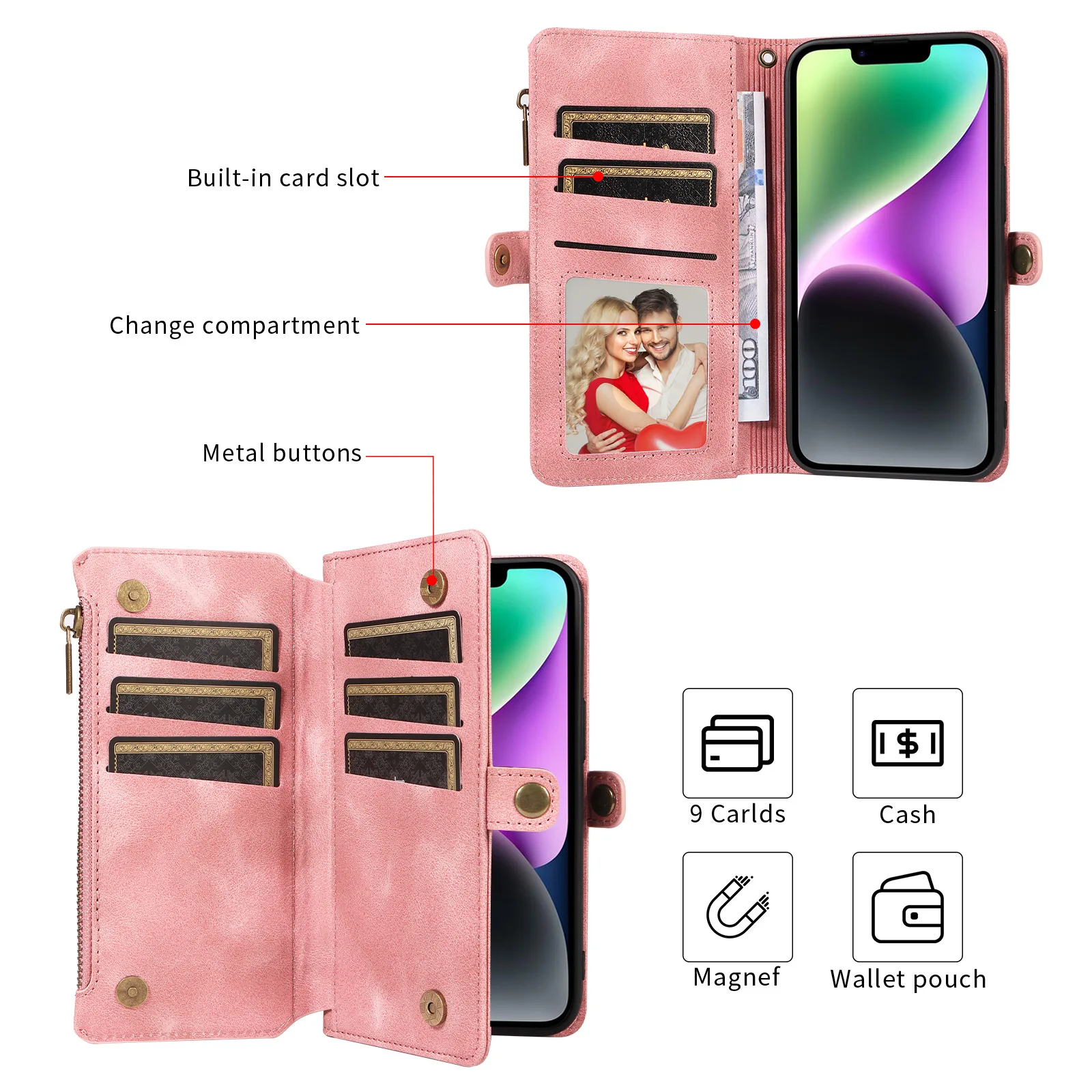 Multifunctional Clamshell Leather Protective Case For iPhone 14 13 12 11 Promax 8 7 6 Plus X XR XSMAX Zippered Wallet Phone Case