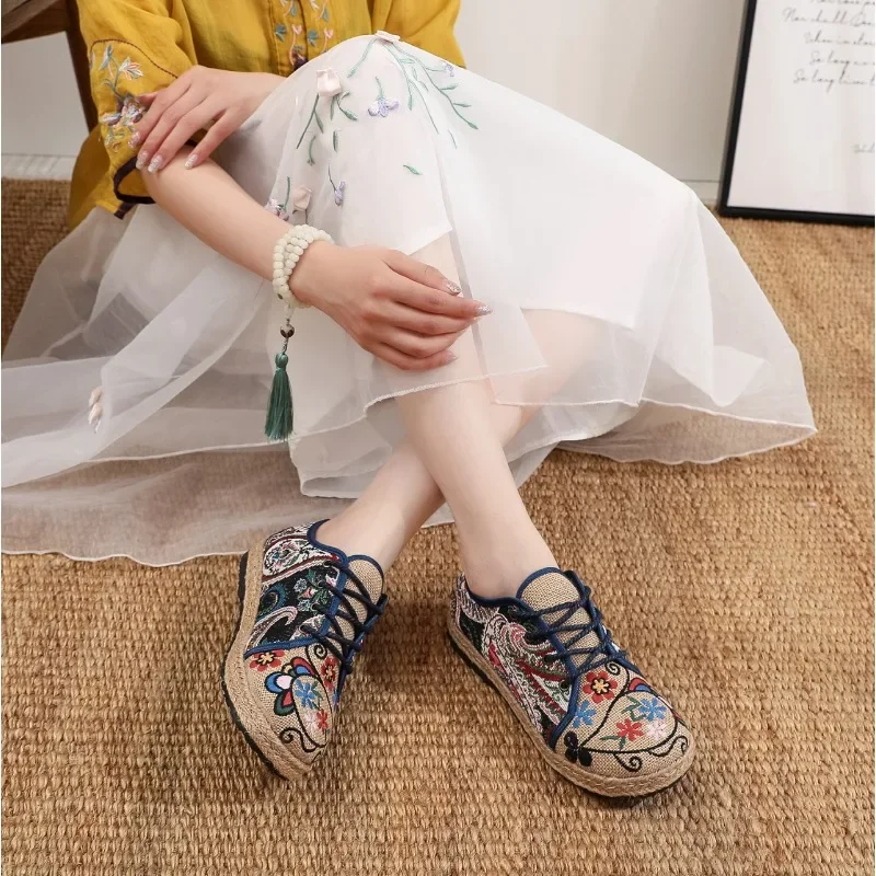 

Flats Women Shoes 2023 New Cotton Linen Embroider Retro Concise Round Toe Flower National Style Handmade Ladies Shoes