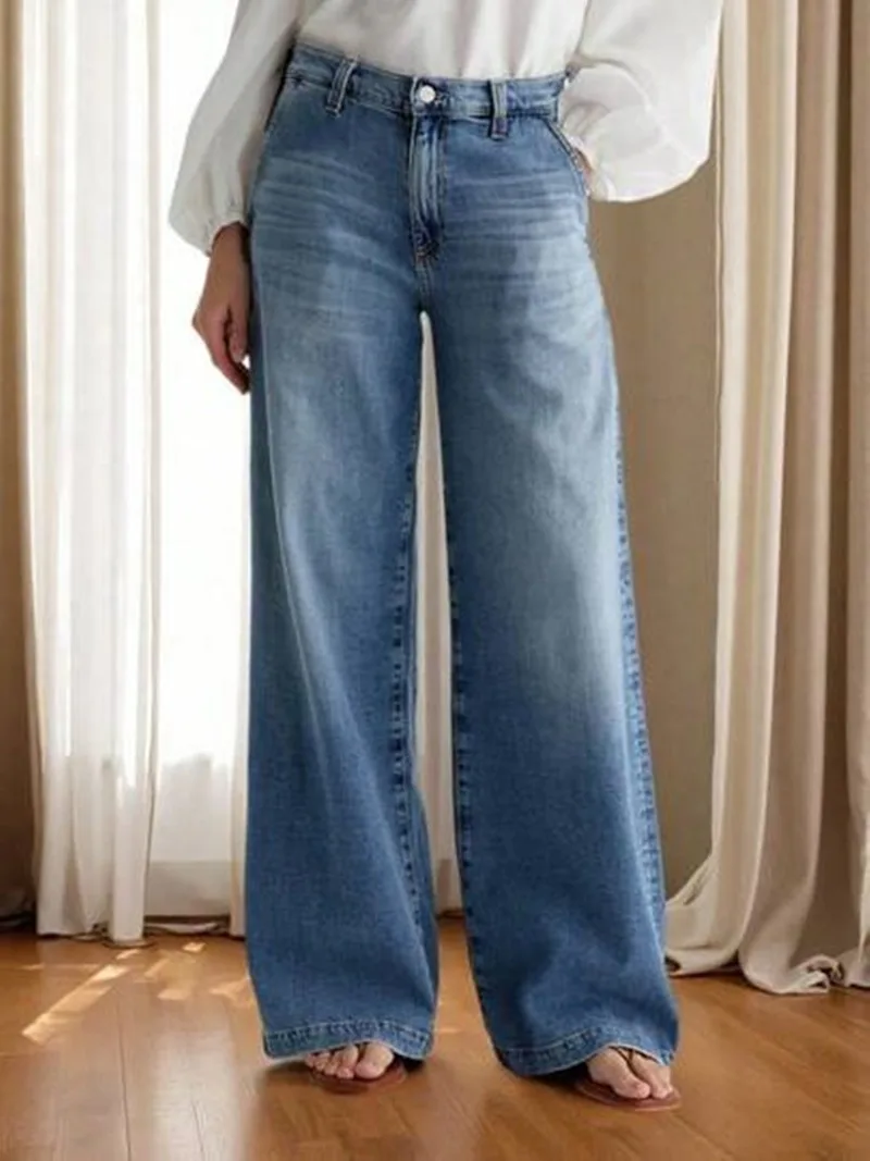 Nouveau Jean Large Femme Taille Haute Extensible Coupe Droite en Denim Délavé Style Décontracté Streetwear Ample 2026