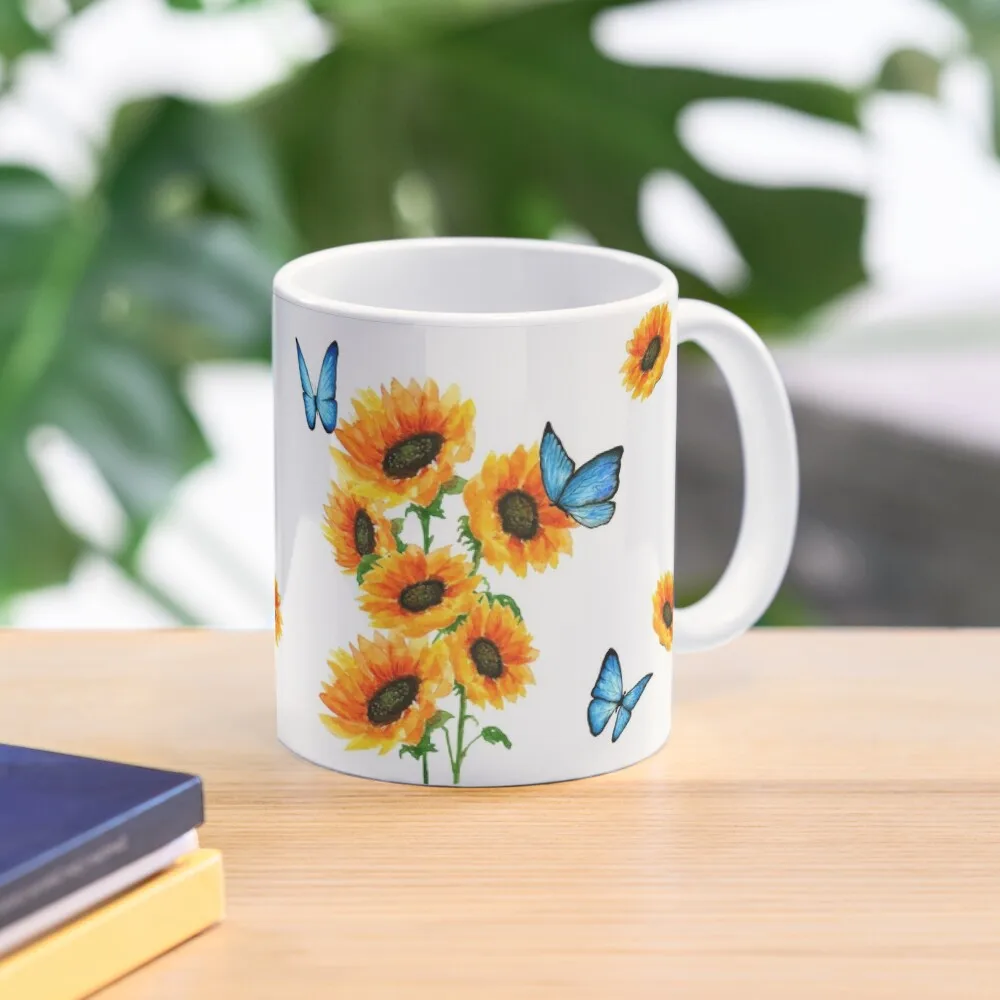

Sunflowers and blue butterflies Coffee Mug Cups For Tea Travel Mug