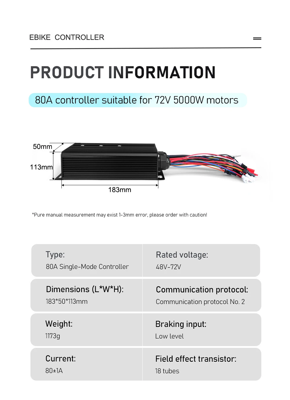 72V 80A Square Wave Controller Portable Electric Vehicle Controller Compatible w