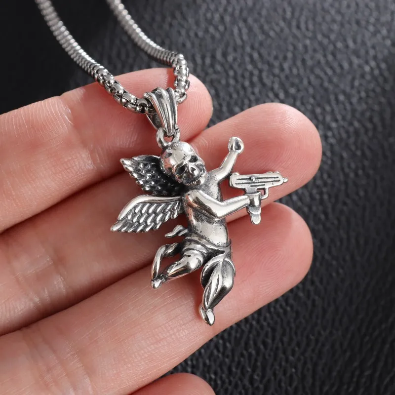 Vintage Goth Devil Skull Angel Holding Machine Gun Pendant