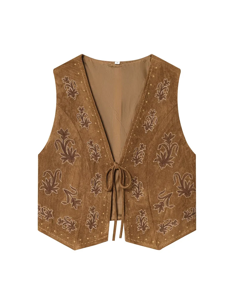 Vintage Autumn Women Embroidered Vest Sleeveless Jacket Elegant V Neck Chic Suede Lace Up Waistcoats Female Fashion Vests Coat