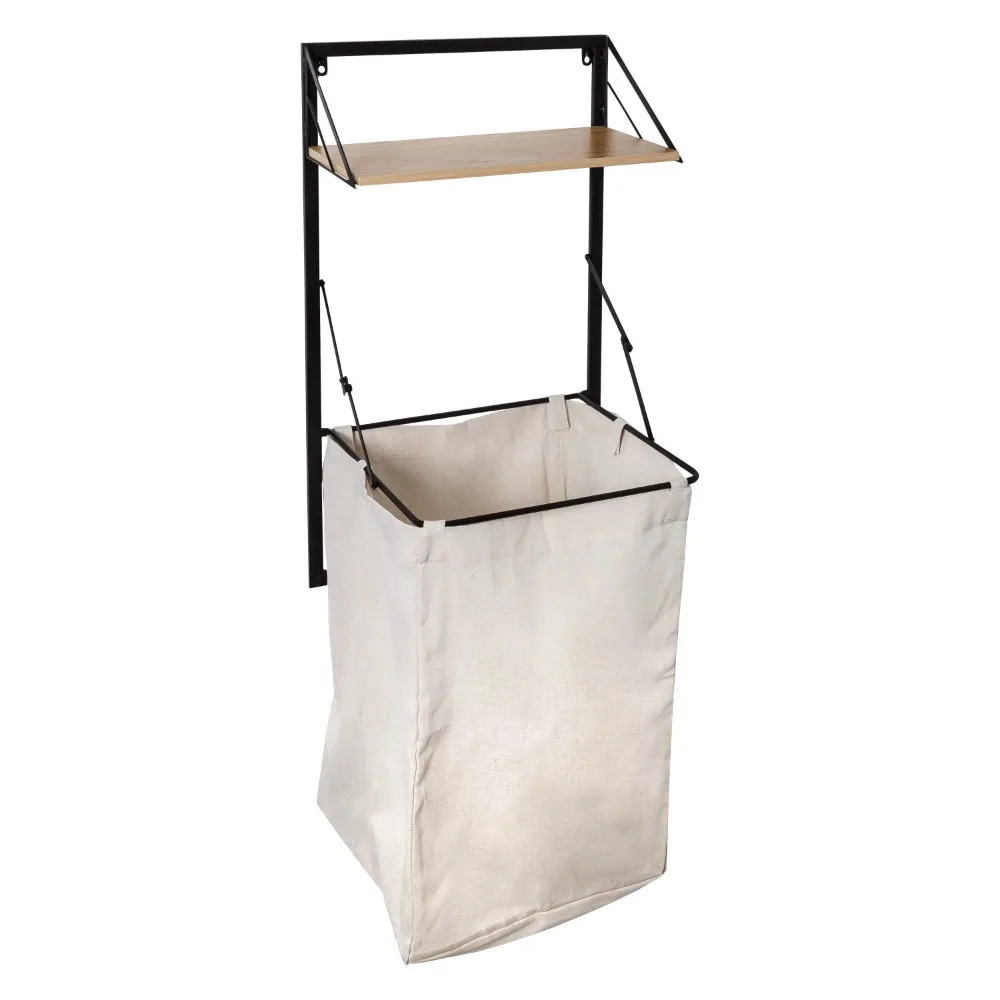 Steel Over-the-Door or Wall Mount Folding Clothes Hamper with Shelf, Black/Maple