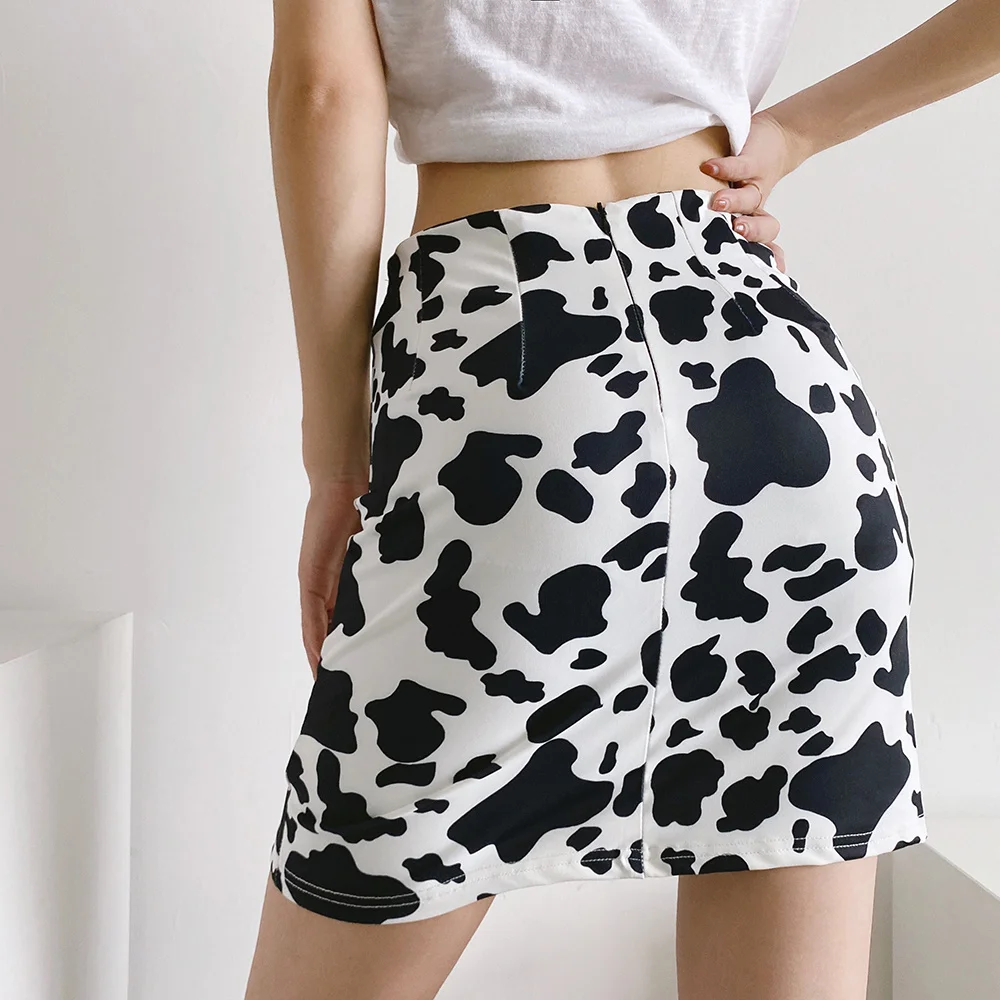 Summer new European and American fashion street style cow print high waist slit skirt women's sexy slim A-line skirt women cute skirts