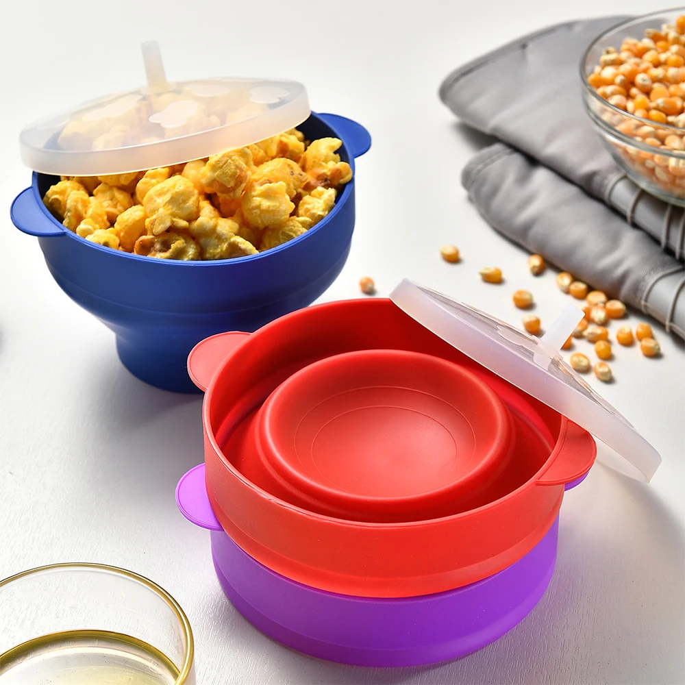 Microwave Popcorn Bowl Bucket Silicone DIY Popcorn Maker with Lid Chips Fruit Dish Kitchen Tools 1/3Pcs