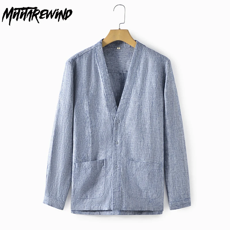 

Рубашка Мужская льняная с длинным рукавом, Уличная Повседневная сорочка с V-образным вырезом, дышащий Свободный Топ с большими карманами, молодежная мода, весна-осень