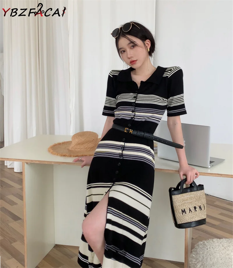 

Korean Striped Polo Neck Short Sleeve Knit Dress Women Elegant Long Slim Cardigan Knit Dress 2022 Summer T-Shirt Dress With Belt