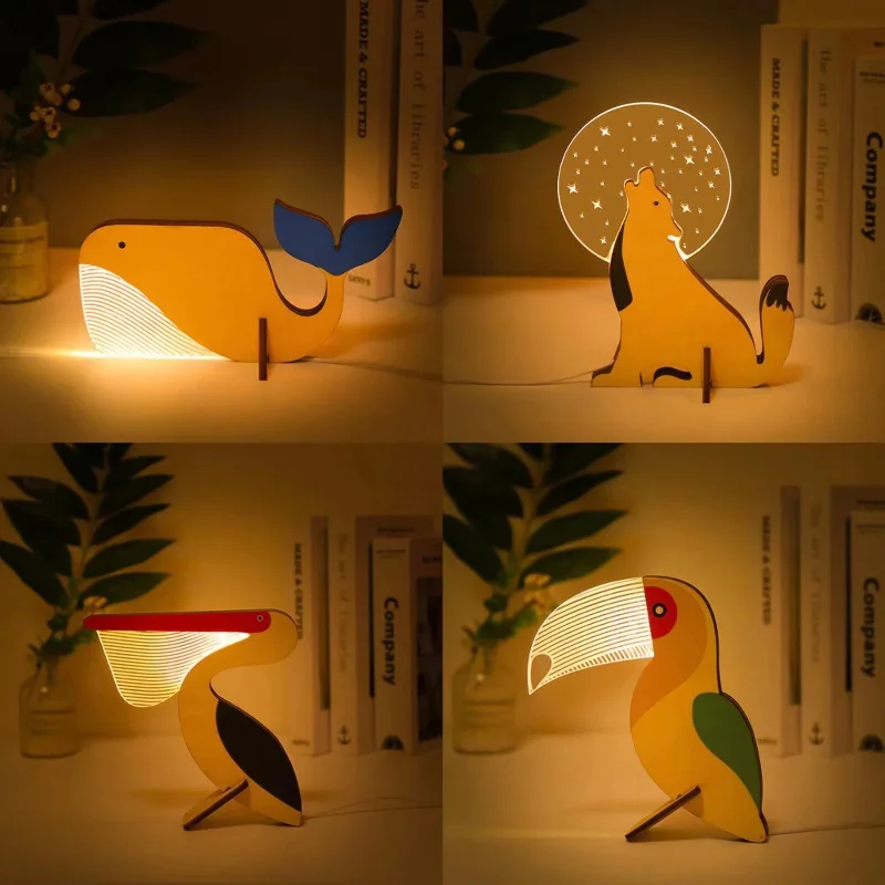 

Whale Peacock Wooden Ornaments Transparent Acrylic LED Decorative Lights Home Ornaments Pelican Lights Ornaments Decoration