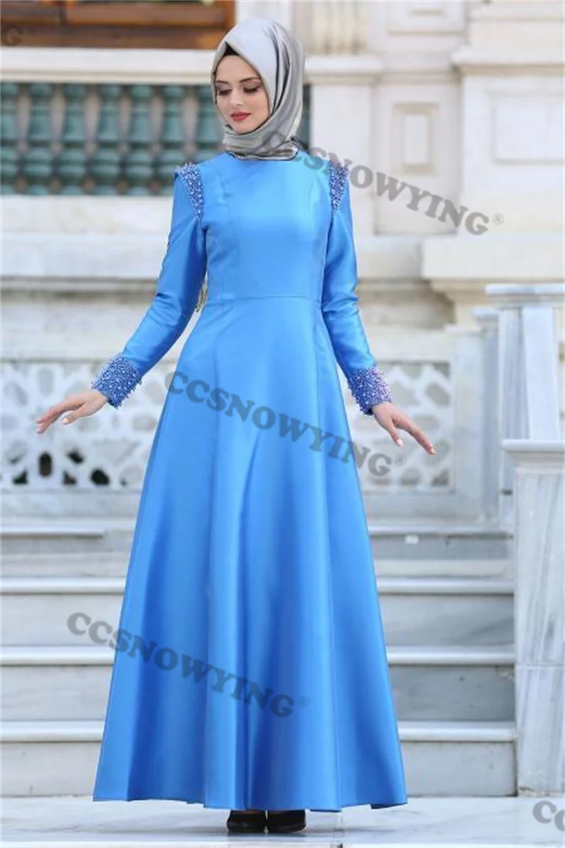 

Simple sky blue Satin High Neck Long Sleeve Prom Dress Formal Occasion Dresses Arabic Dubai Kaftan