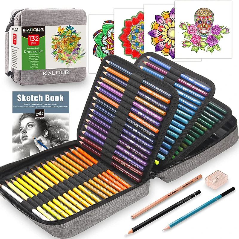 KALOUR 132 Colored Pencils Set,with Adult Coloring Book and Sketch Book,Artist Colorless Blender,Zipper Travel Case Art Supplies 12pcs paint brushes set kit multiple mediums brushes with nylon hair for artist acrylic aquarelle gouache watercolor oil painting for great art drawing supplies