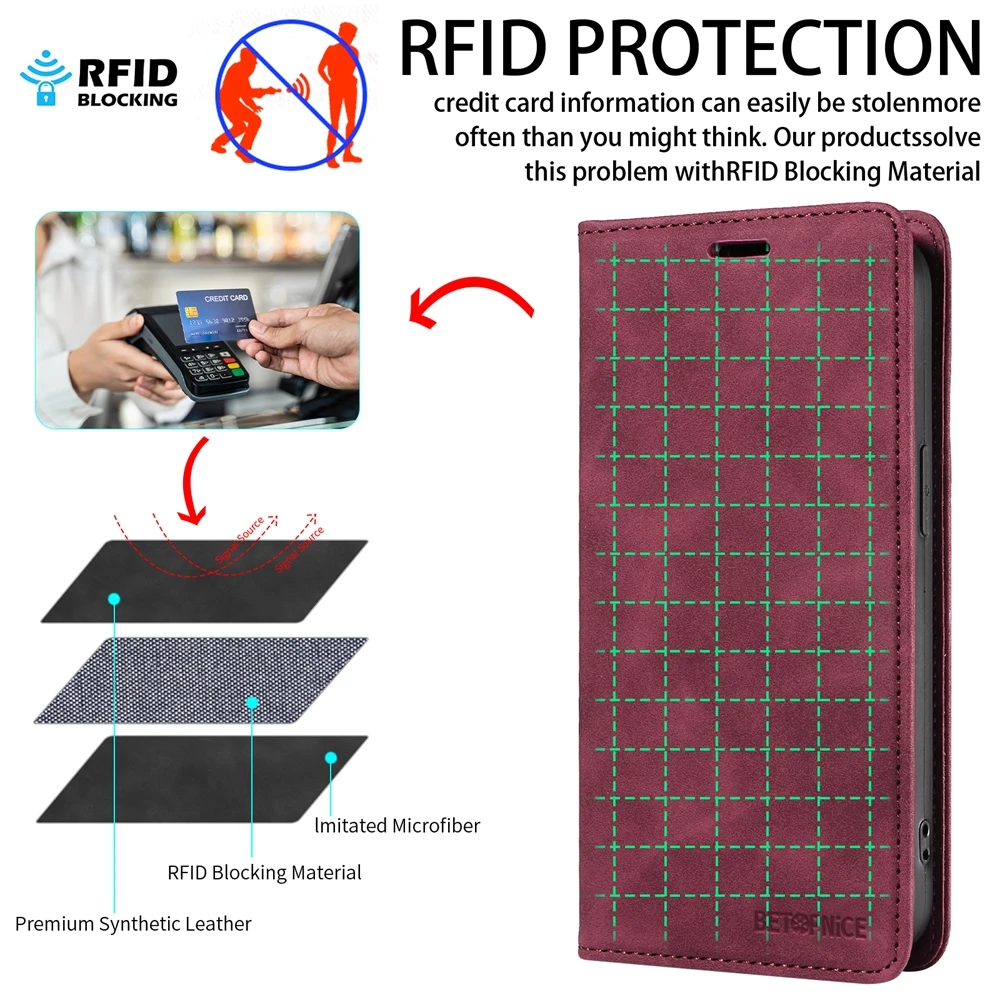 RFID Blocking Magnetic Wallet Phone Case - Leather Cover