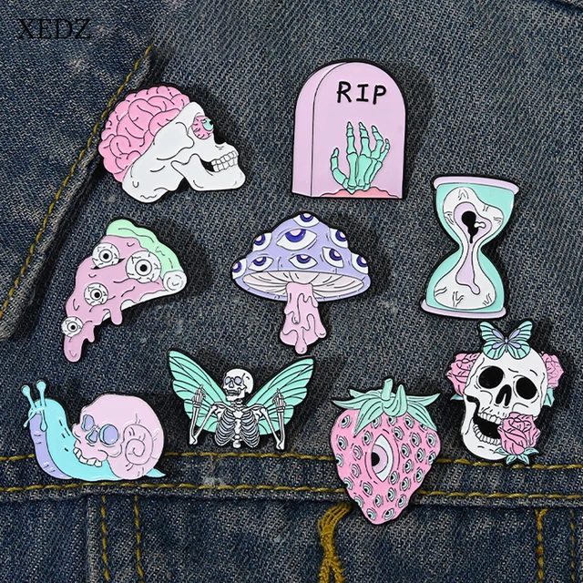 Pink Gothic Punk Enamel Pins Skeleton Butterfly Brooch Lapel