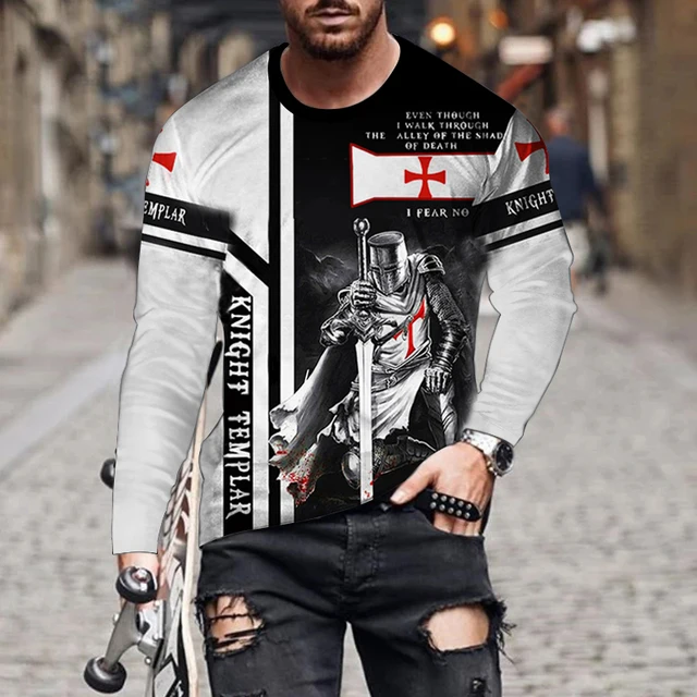 Vintage Printed Samurai Long Sleeve T-shirt Templar 3d Pattern European And American Style Men's Spring Imitation Cotton Shirt 4