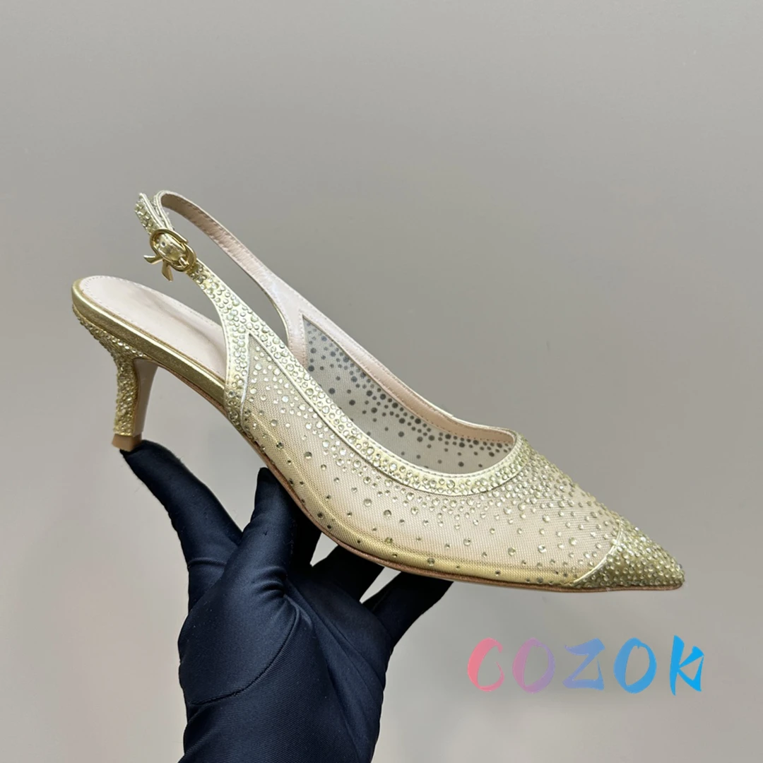 Sexy Gold Mesh Pointed Toe Crystal Inlaid Slingbacks Back Trip Strap Dress Shoes Women Large Size High Heel Sandals Summer