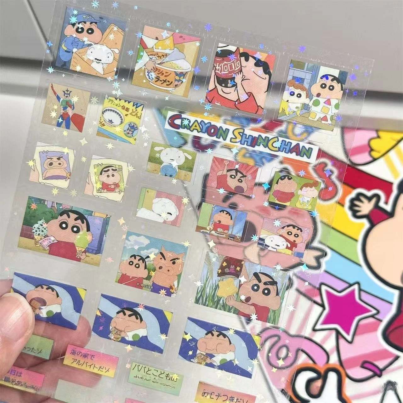 5PCS 크레용 신짱 더블 투명 컷 멤브레인 스티커 DIY 고가치 핸드 계정 장식 레이저 투명 스티커