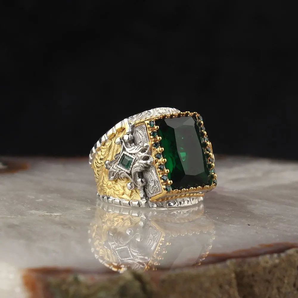 

Green Zircon Stone Rhodium Plated 925 Sterling Silver Men's Ring