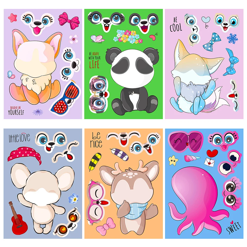 6/12Sheets Cute Animal Children Puzzle Stickers Make-a-Face Funny Assemble Jigsaw Decal DIY Cartoon Sticker Kids Educational Toy