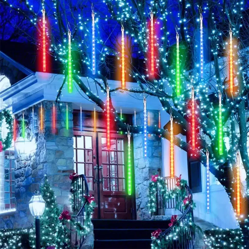 thumbnail image 1 of Juego de 1/2/3/4 luces LED de lluvia de meteoritos, guirnalda de luces navideñas, nieve que cae, carámbanos, iluminación en cascada para el hogar y la boda, 1 of 5