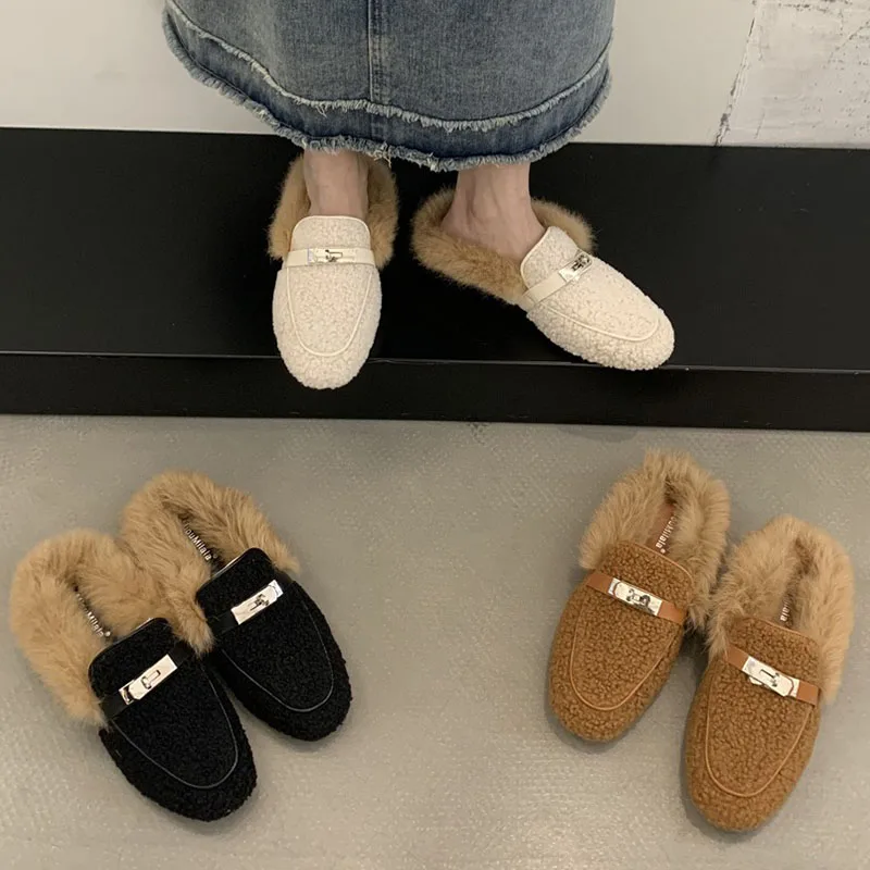 

2023 Women Warm Fur Winter Fluffy Slippers Flat Mules Luxury Design Outdoor Indoor New Shoes For Female Fuzzy Slip On Slippers