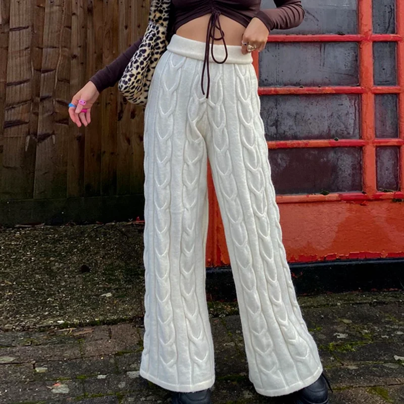 Fashion wide leg pants Casual Loose Knit White Pants Spring High Waist Trousers Ladies Elegant Retro Jogger Women Streetwear