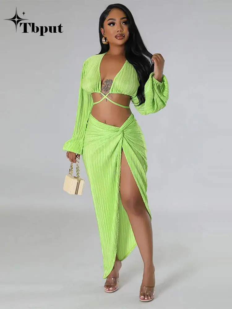 

Women Solid Shirt Skirt Sets Sexy Cross Bandage Long Sleeve Tops High Split Dress Outfits 2023 Summer Ladies Fashion Streetwear