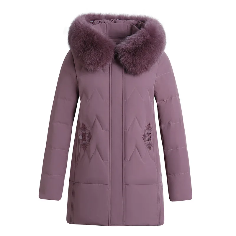 Real Fox Fur Collar White Eiderdown Down Jacket Women Long Large Size Loose Winter Coat Embroidered Coat for Middle-aged